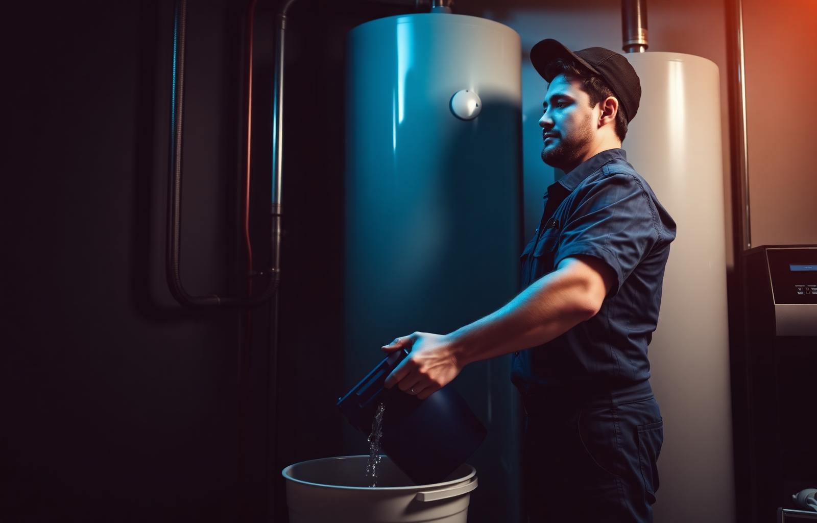 Plumber flushing a residential water heater